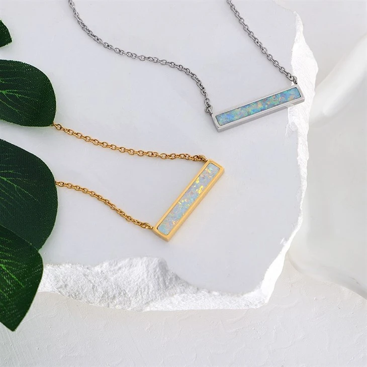 Stainless Steel Rectangular Opal Bar Pendant Necklace factory