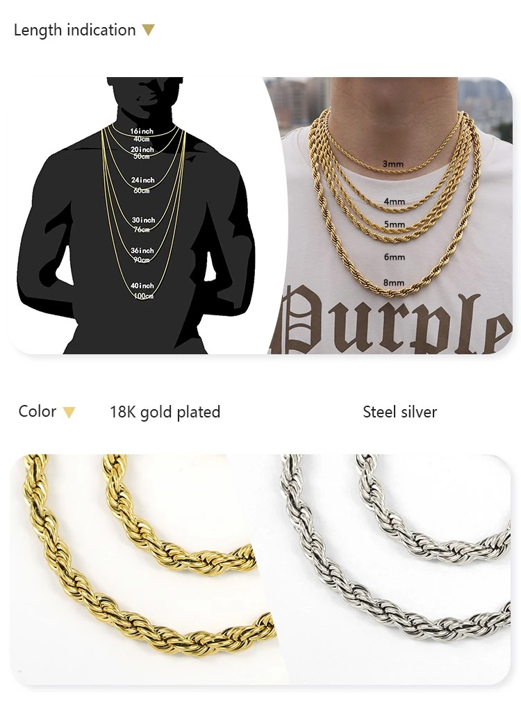 Stainless Steel Rope Chain Necklace in Gold & Silver size detail Stainless Steel Rope Chain Necklace in Gold & Silver size detail